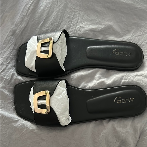 Aldo Black and Gold Sandals with Ruffled Detail - Picture 1 of 4